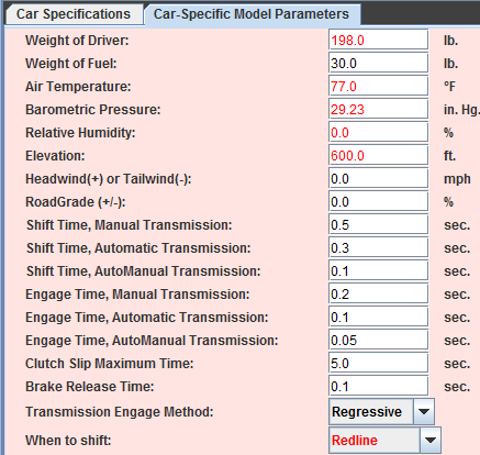 Cartest Car Specific Parameters